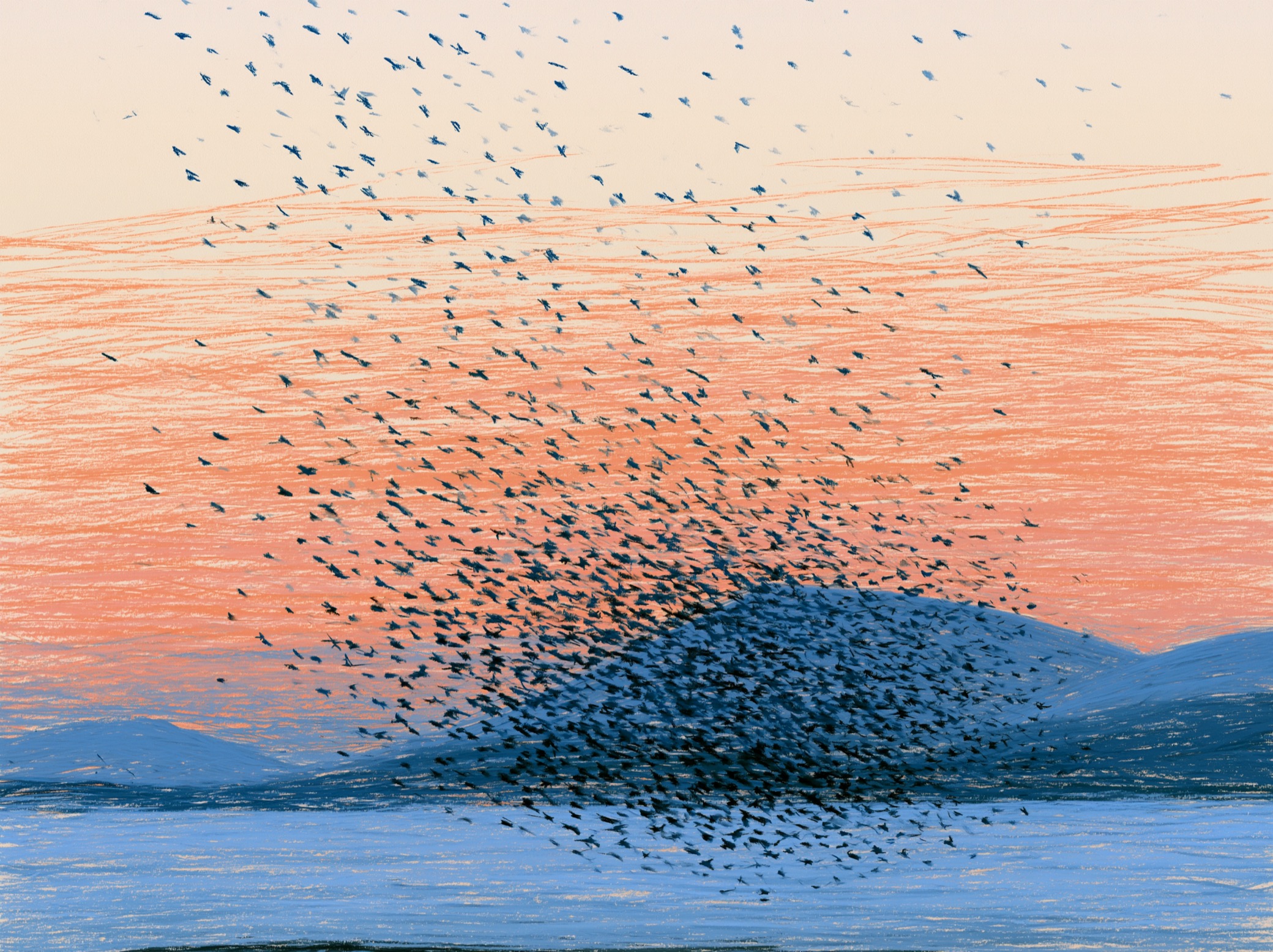 A murmuration of starlings over blue hills and water at dusk, drawn in crayon